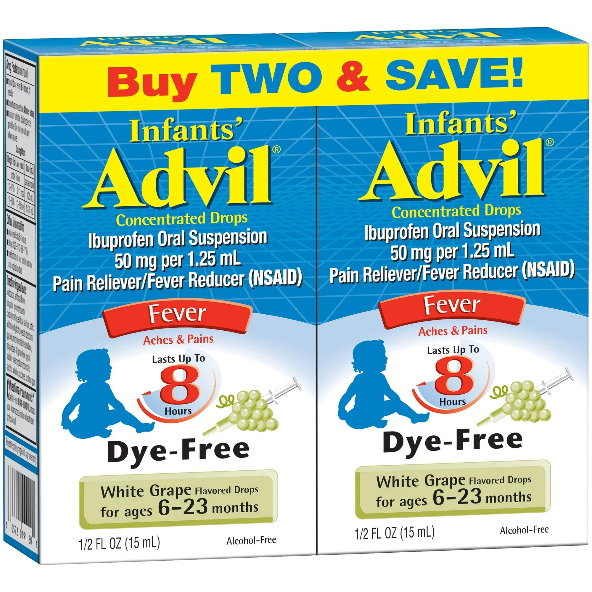 Infants' AdvilÂ® Concentrated Drops Fever Reducer/Pain Reliever (Ibuprofen) in Dye-Free White Grape Flavor 50mg 2-0.5 fl. oz. Boxes