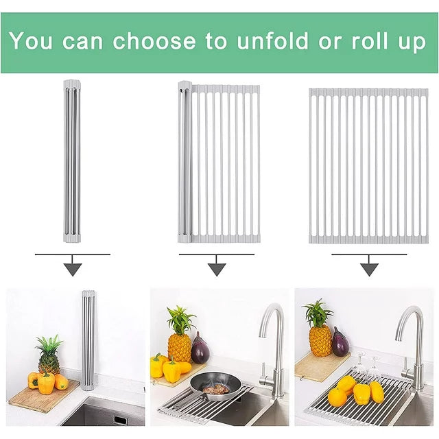 Ideal Kitchen Roll Up Dish Drying Rack, Over Sink Dish Drying Rack, Foldable All Silicone Coated Rolling Sink Rack Mat with(Tough Steel Iron Rod )Dish Drainer for Kitchen (17''x 13'')