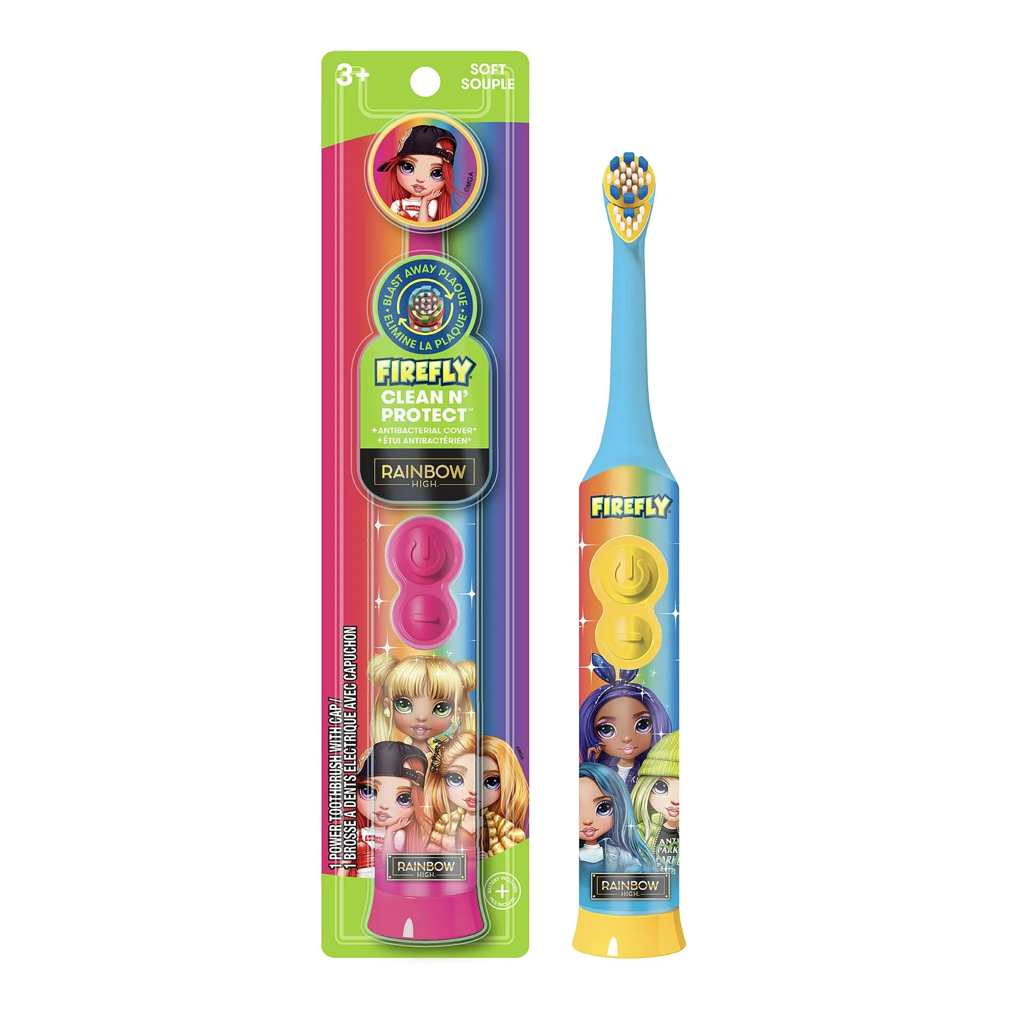 Firefly Clean N' Protect, Rainbow High Toothbrush with Antibacterial Character Cover, Soft Bristles, Anti-slip Grip Handle, Battery Included, Ages 3+, 1 Count