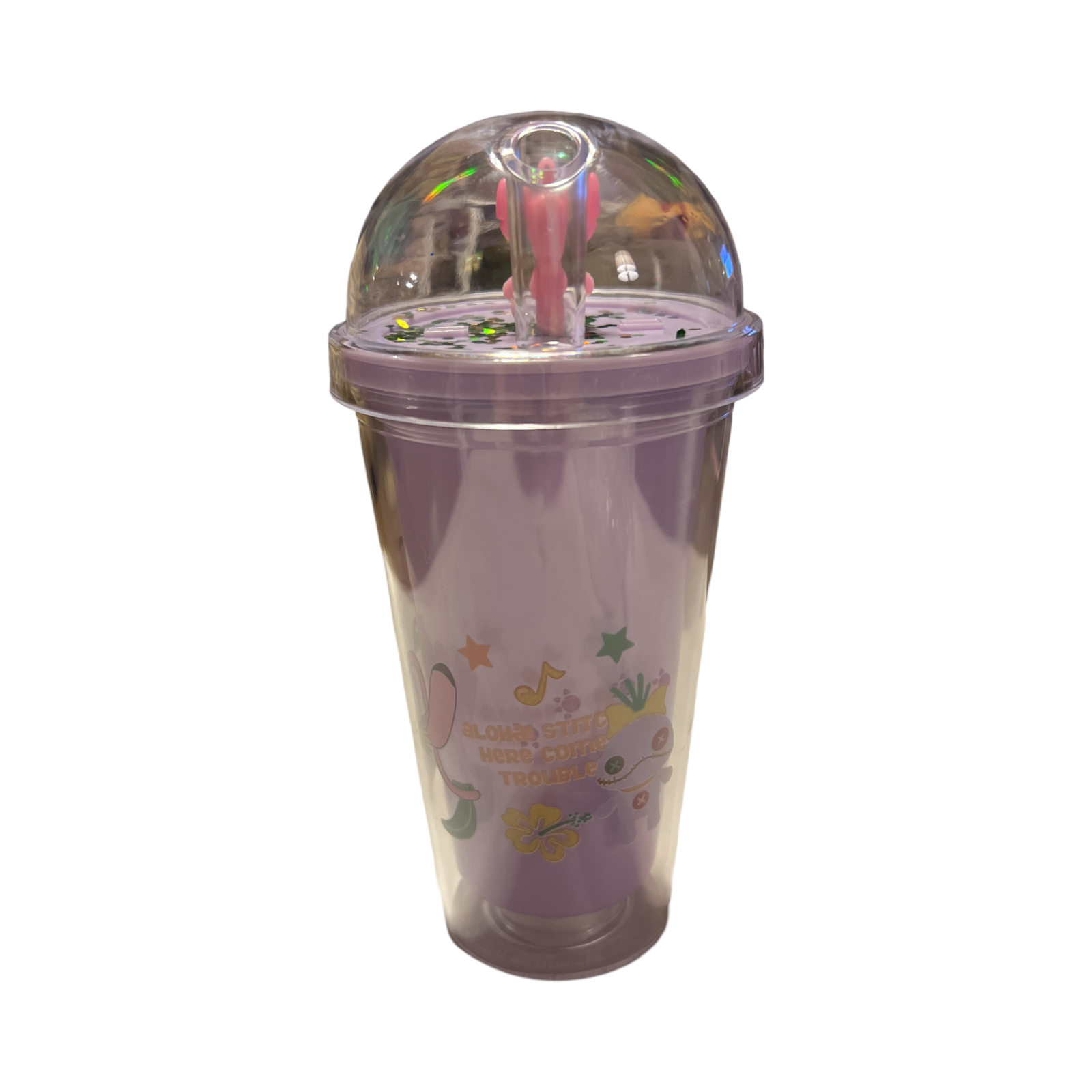 Stitch Pattern Tumbler Dome Lid Straw Double Walled PinkColor