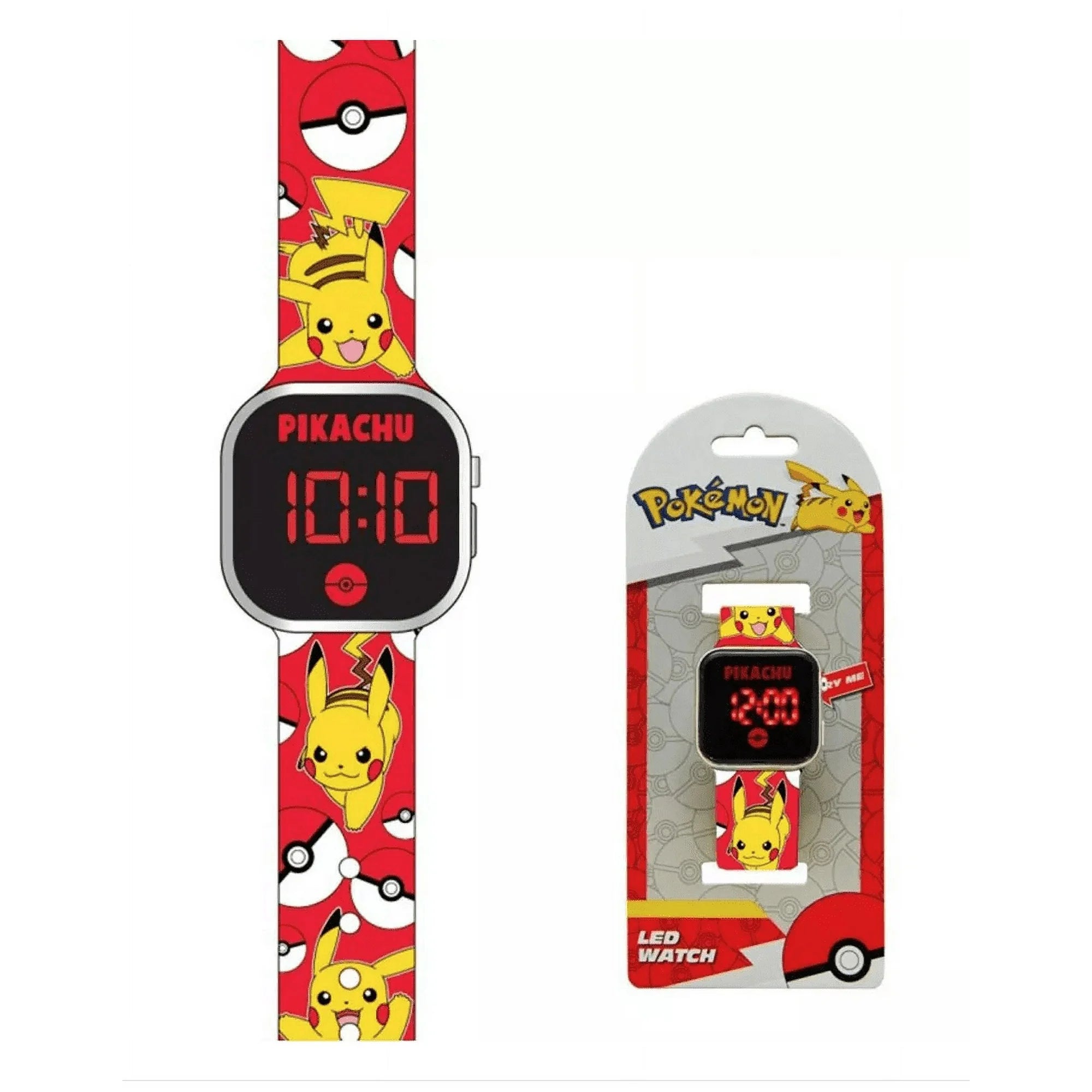 PokÃ©mon Unisex Childrens LED Watch Metallic Silver Bezel Silicone Strap