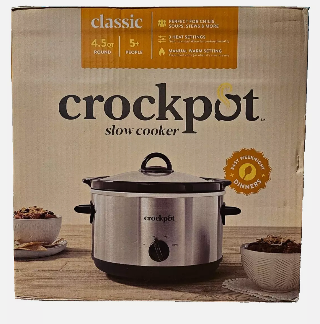 crock pot slow cooker 4.5 qt . stoneware stainless steel new in box.(Open Box)