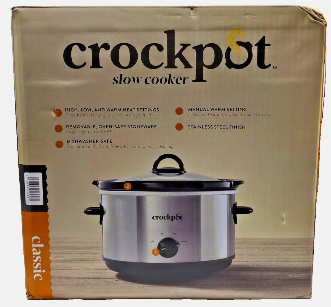 crock pot slow cooker 4.5 qt . stoneware stainless steel new in box.(Open Box)