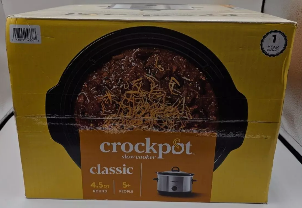 crock pot slow cooker 4.5 qt . stoneware stainless steel new in box.(Open Box)