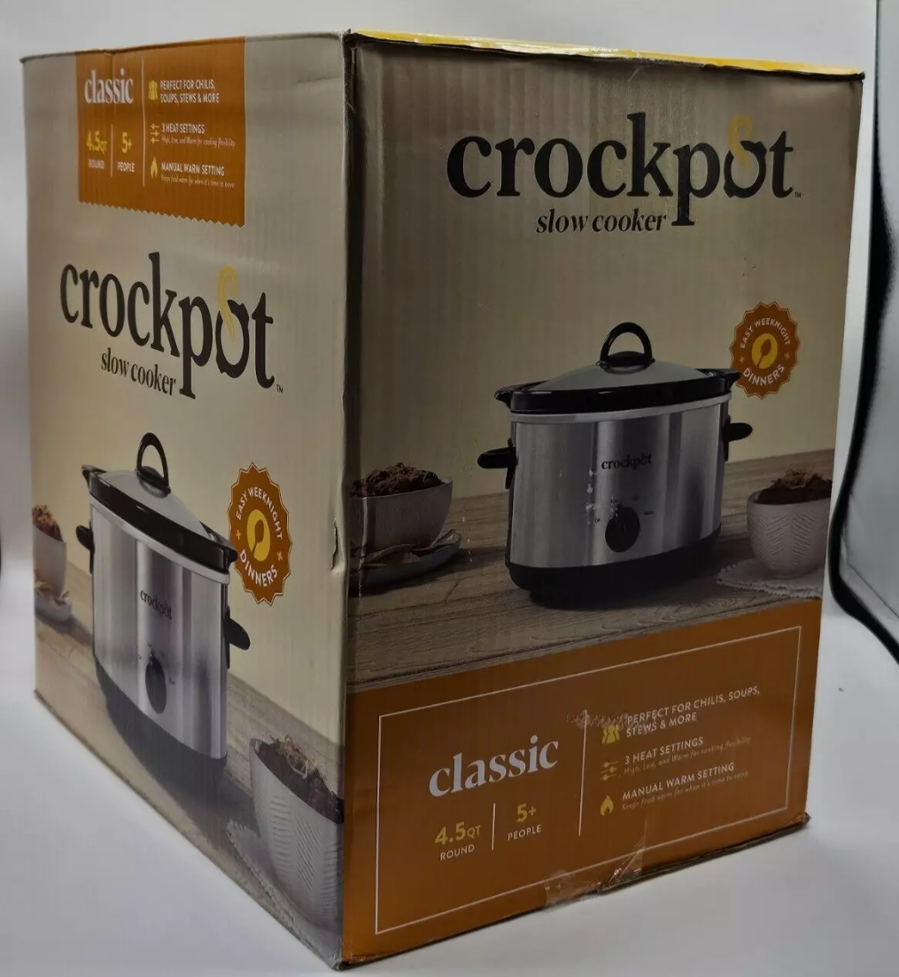 crock pot slow cooker 4.5 qt . stoneware stainless steel new in box.(Open Box)