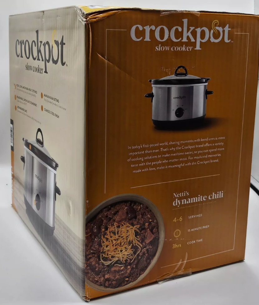 crock pot slow cooker 4.5 qt . stoneware stainless steel new in box.(Open Box)