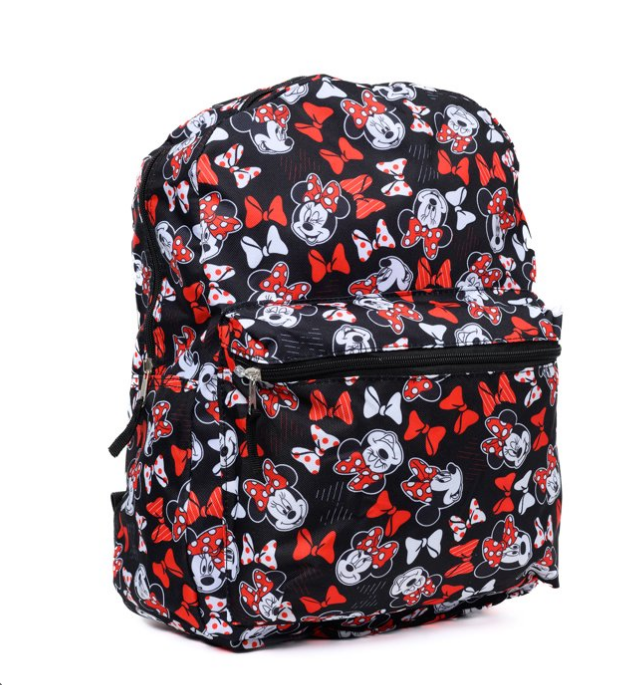 Disney Minnie Mouse Backpack 16" All-Over Print Bows Front Pocket Women Girls