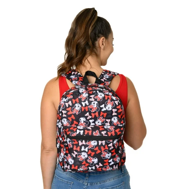 Disney Minnie Mouse Backpack 16" All-Over Print Bows Front Pocket Women Girls