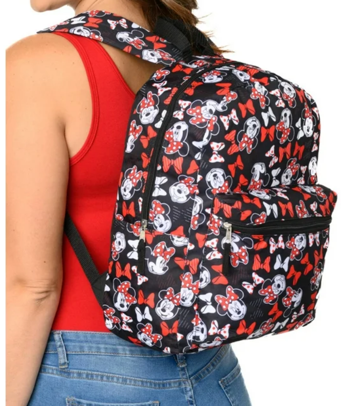 Disney Minnie Mouse Backpack 16" All-Over Print Bows Front Pocket Women Girls