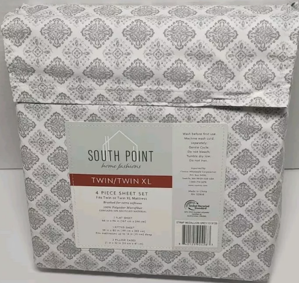 South Point Home Fashions 4 Piece Sheet Set Twin/Twin XL Grey White Medallion