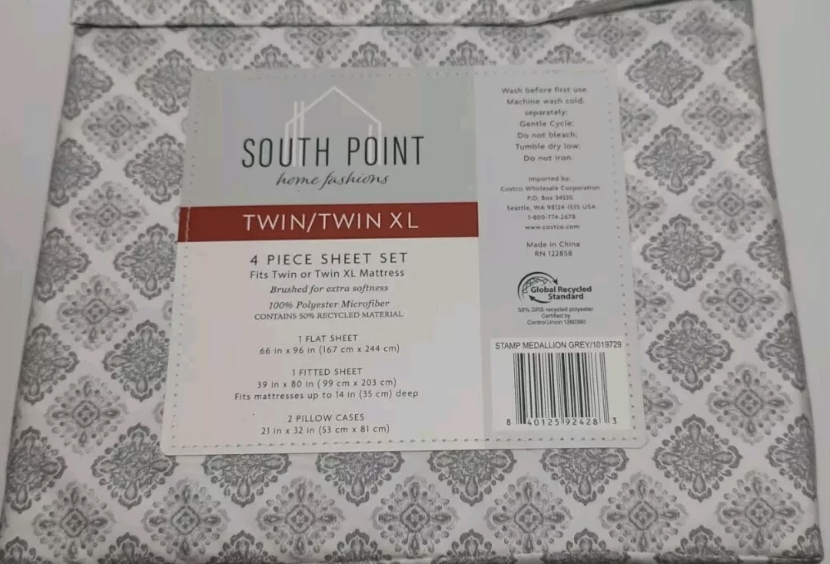 South Point Home Fashions 4 Piece Sheet Set Twin/Twin XL Grey White Medallion