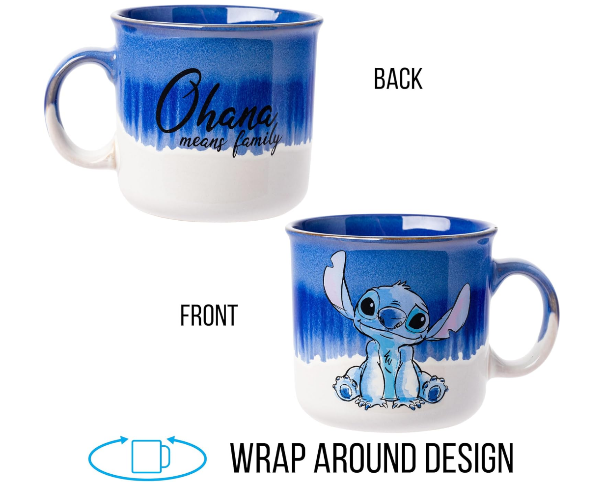 Silver Buffalo Disney Lilo and Stitch Ohana Means Family Reactive Glaze Ceramic Camper Mug, 20 Ounces