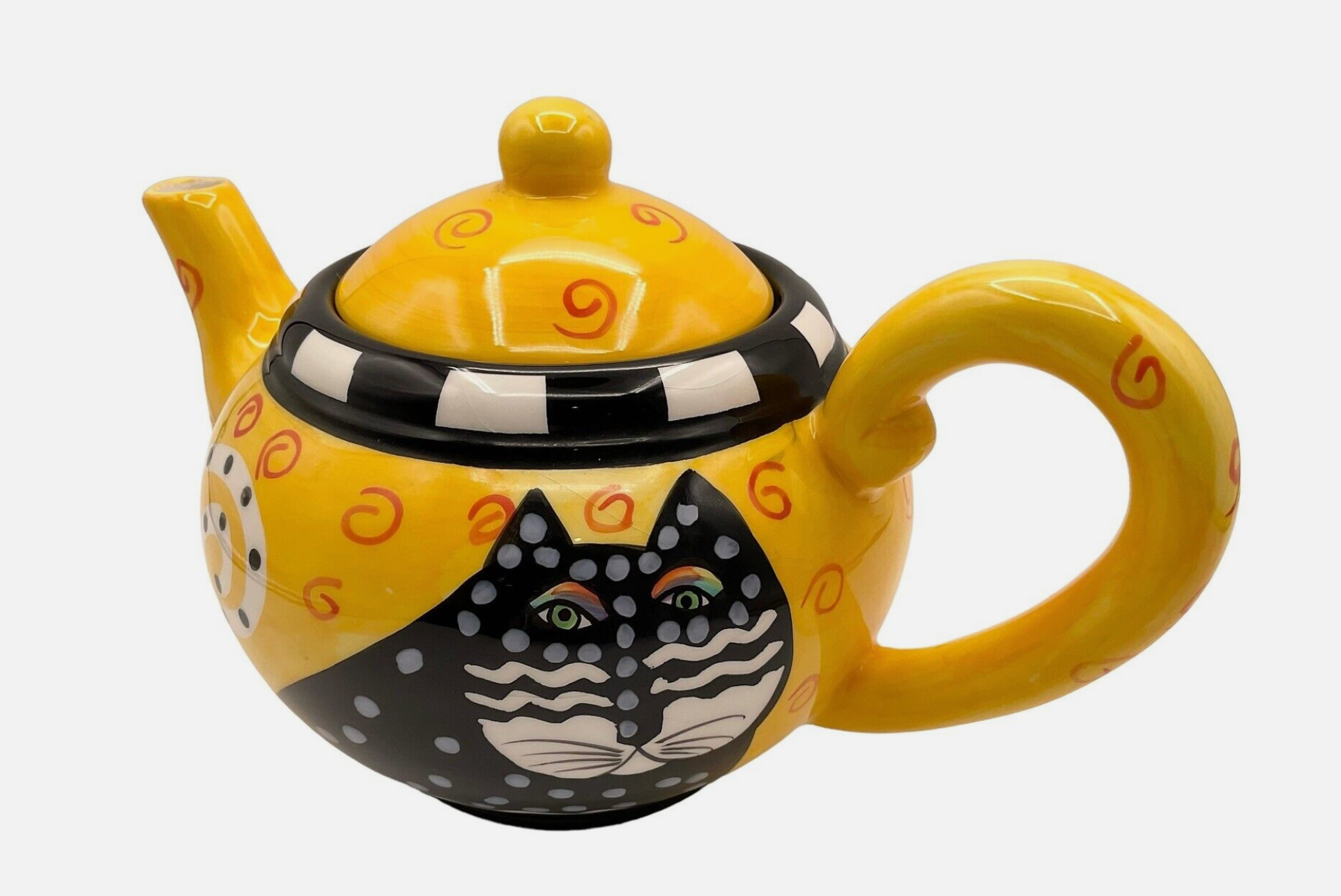 Laurel  Burch Black Cat Yellow Polka Dot Teapot Orange Swirls Ceramice Vintage 98