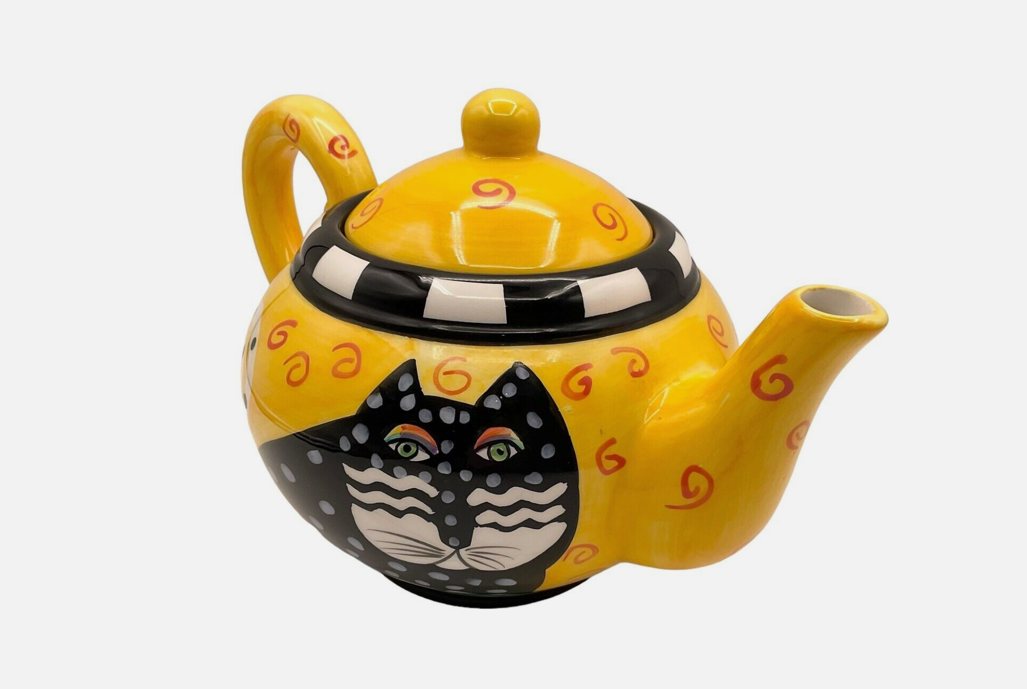 Laurel  Burch Black Cat Yellow Polka Dot Teapot Orange Swirls Ceramice Vintage 98