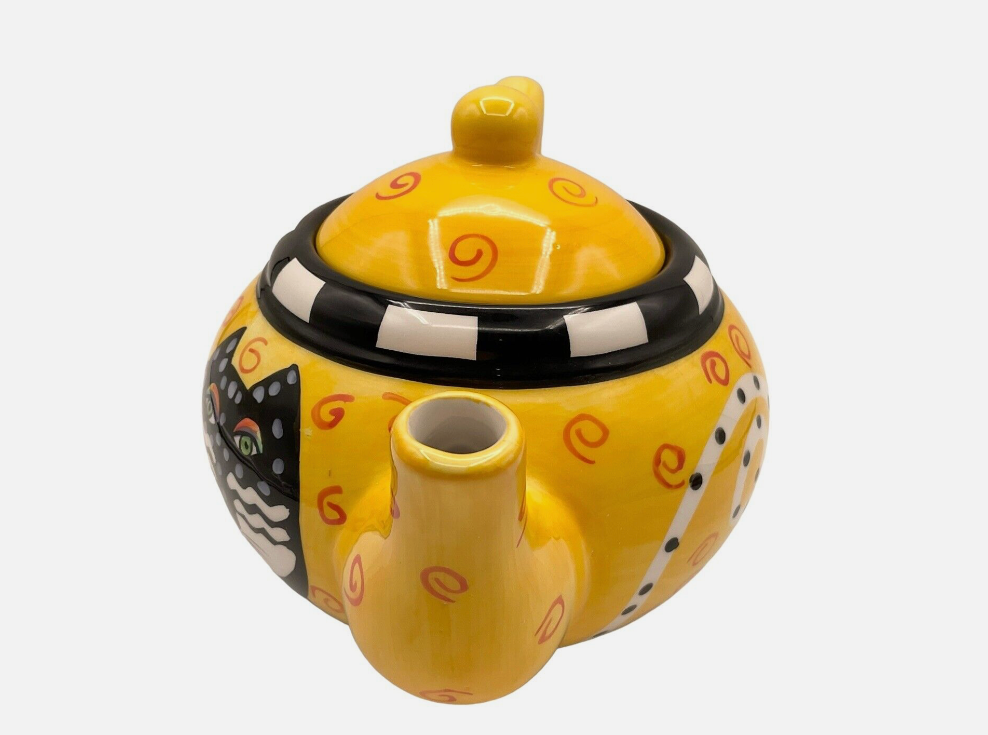 Laurel  Burch Black Cat Yellow Polka Dot Teapot Orange Swirls Ceramice Vintage 98