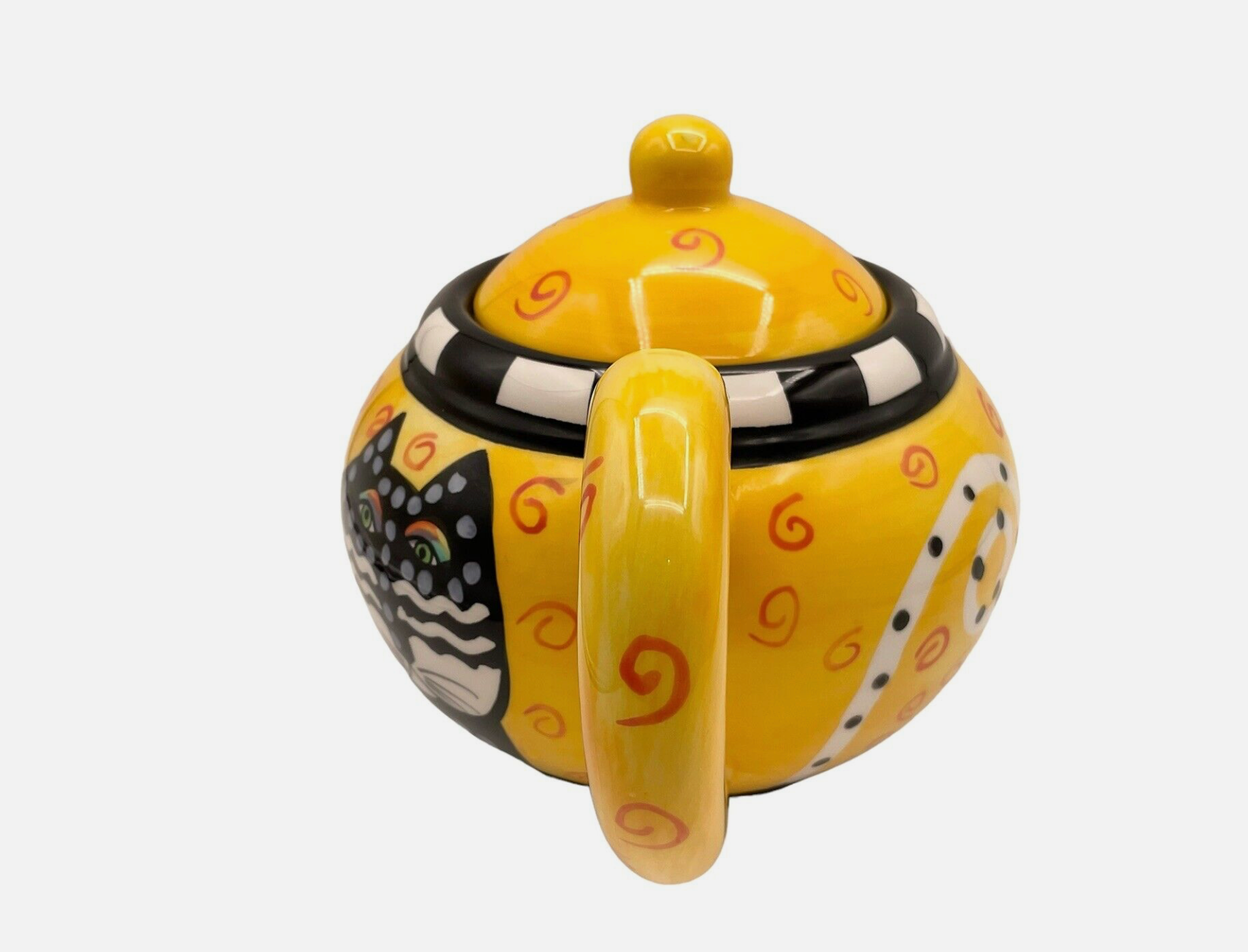 Laurel  Burch Black Cat Yellow Polka Dot Teapot Orange Swirls Ceramice Vintage 98