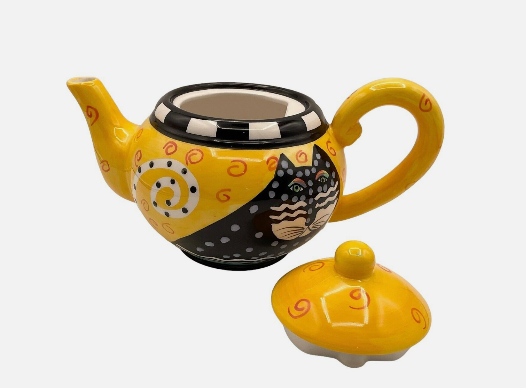 Laurel  Burch Black Cat Yellow Polka Dot Teapot Orange Swirls Ceramice Vintage 98