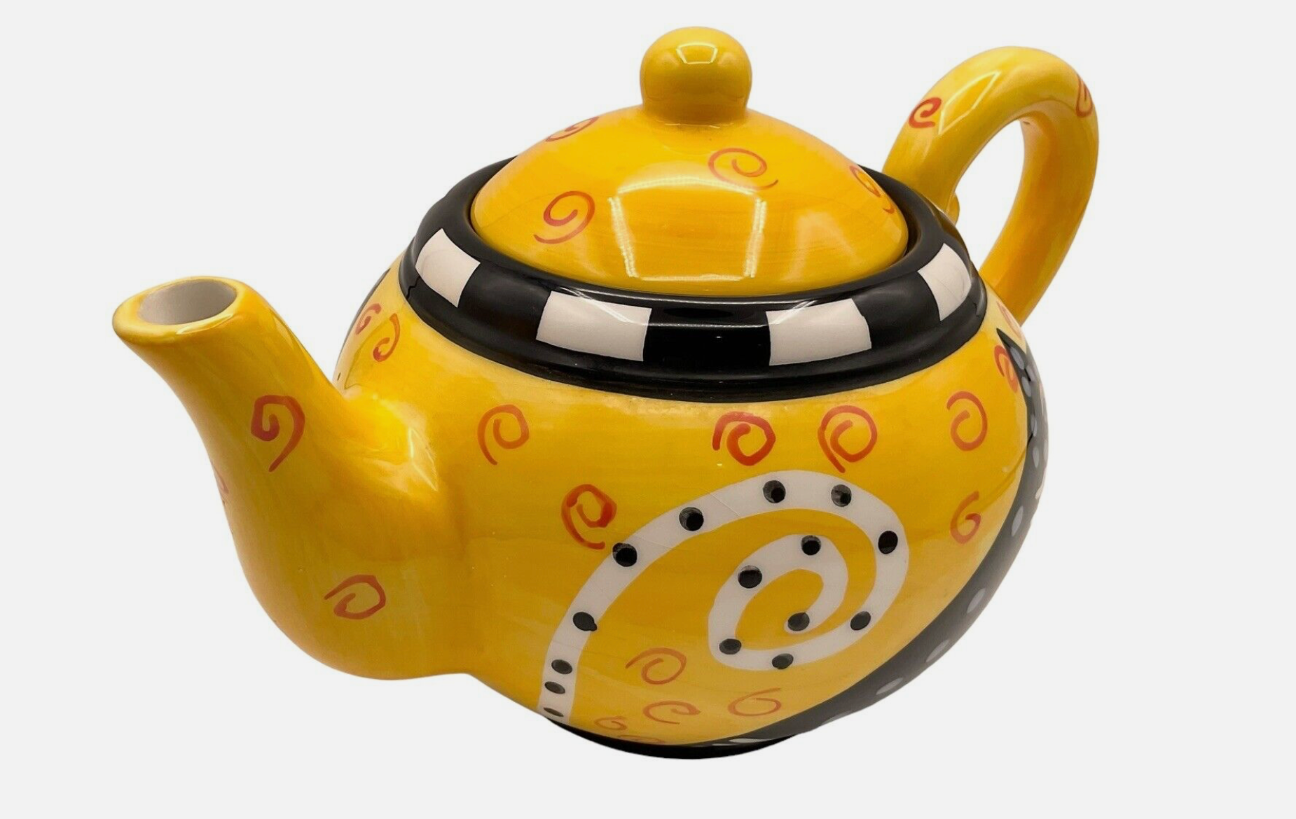 Laurel  Burch Black Cat Yellow Polka Dot Teapot Orange Swirls Ceramice Vintage 98