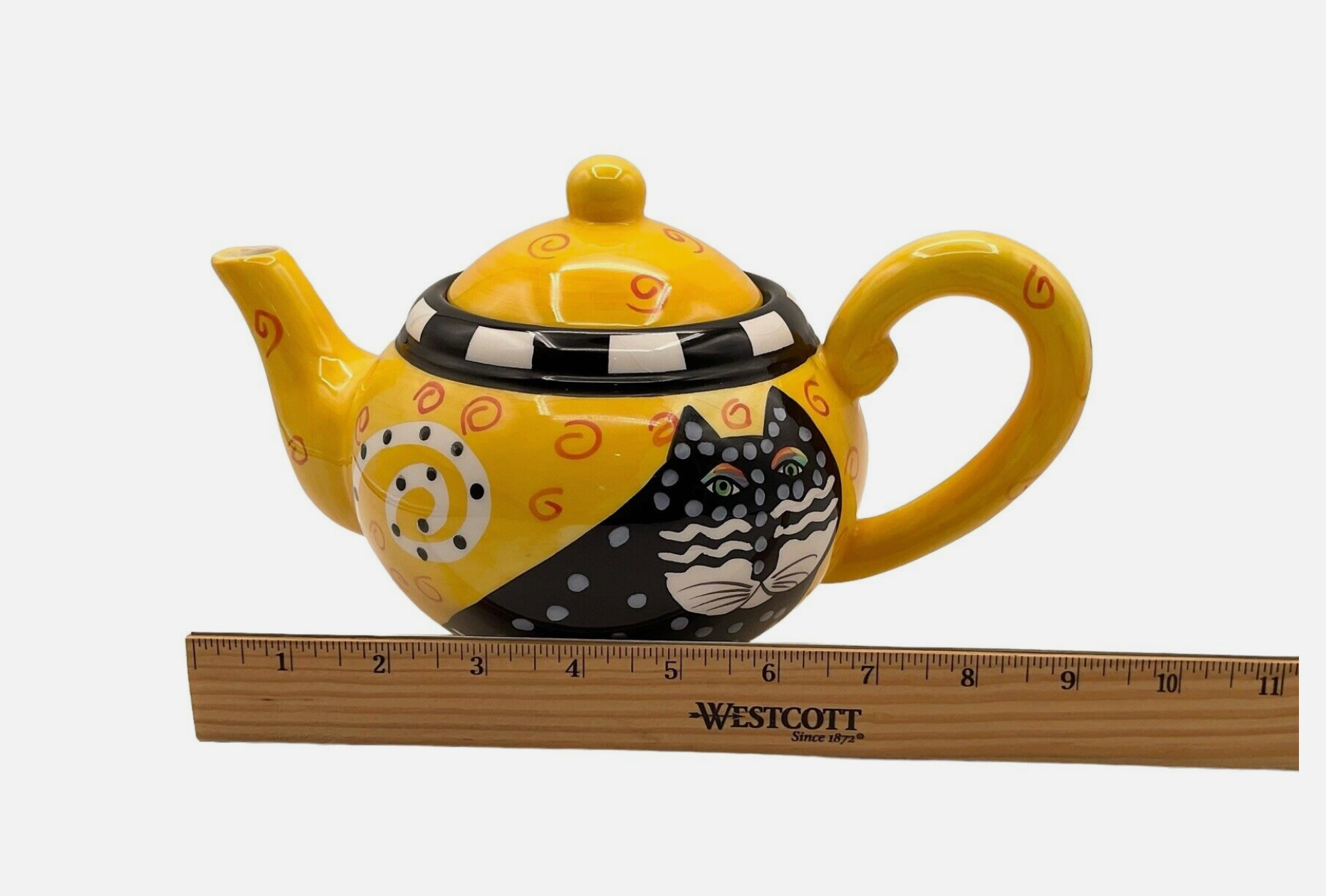 Laurel  Burch Black Cat Yellow Polka Dot Teapot Orange Swirls Ceramice Vintage 98