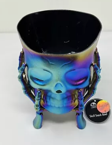 Halloween Skeleton Skull In Hands Candy Planter Bowl Multi-Color NWT 5” X 7.5”