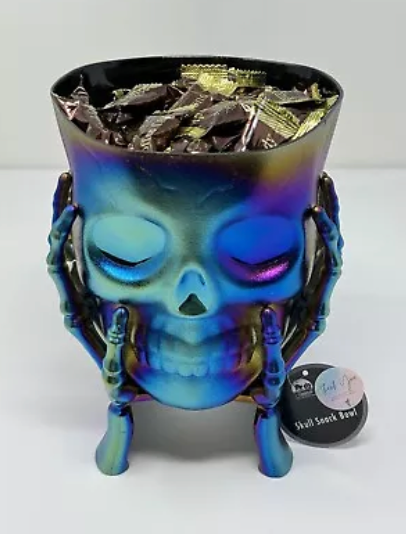 Halloween Skeleton Skull In Hands Candy Planter Bowl Multi-Color NWT 5” X 7.5”