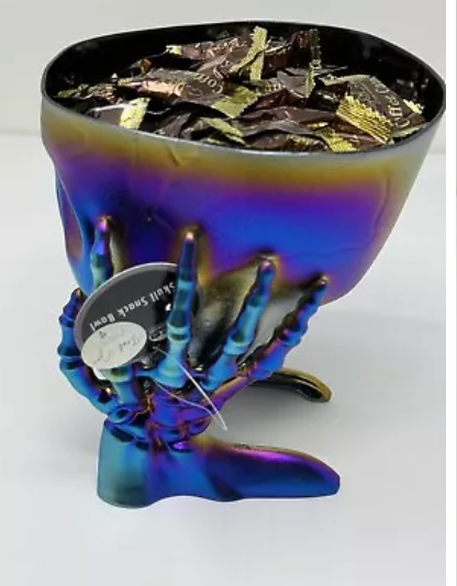 Halloween Skeleton Skull In Hands Candy Planter Bowl Multi-Color NWT 5” X 7.5”