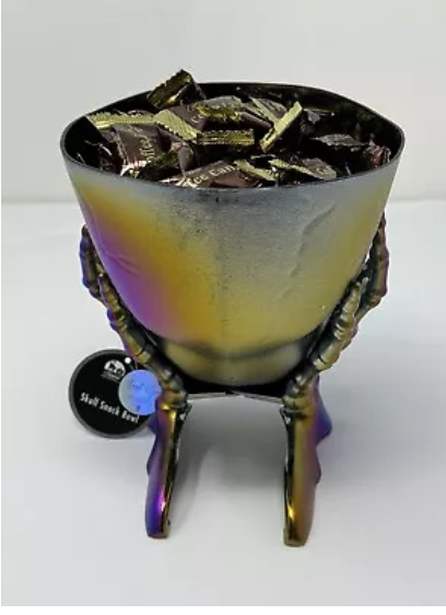 Halloween Skeleton Skull In Hands Candy Planter Bowl Multi-Color NWT 5” X 7.5”