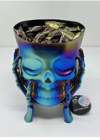 Halloween Skeleton Skull In Hands Candy Planter Bowl Multi-Color NWT 5” X 7.5”