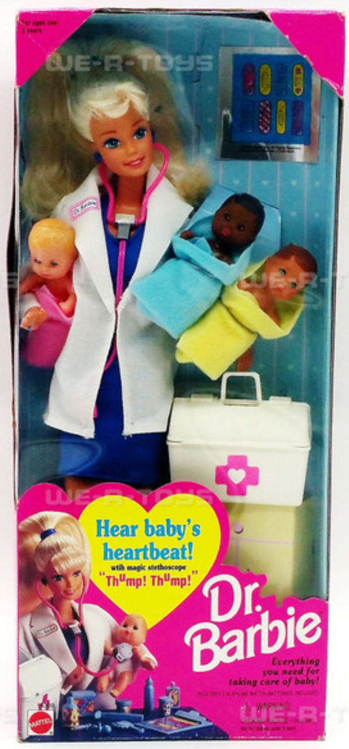 Dr. Barbie with Three Babies Doll Set Hear Baby's Heartbeat 1995 Mattel 14309