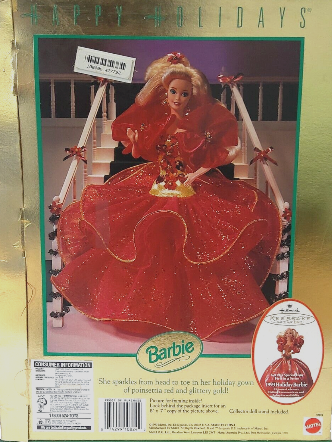 Vintage 1993 Happy Holidays Barbie Special Edition By Mattel # 10824