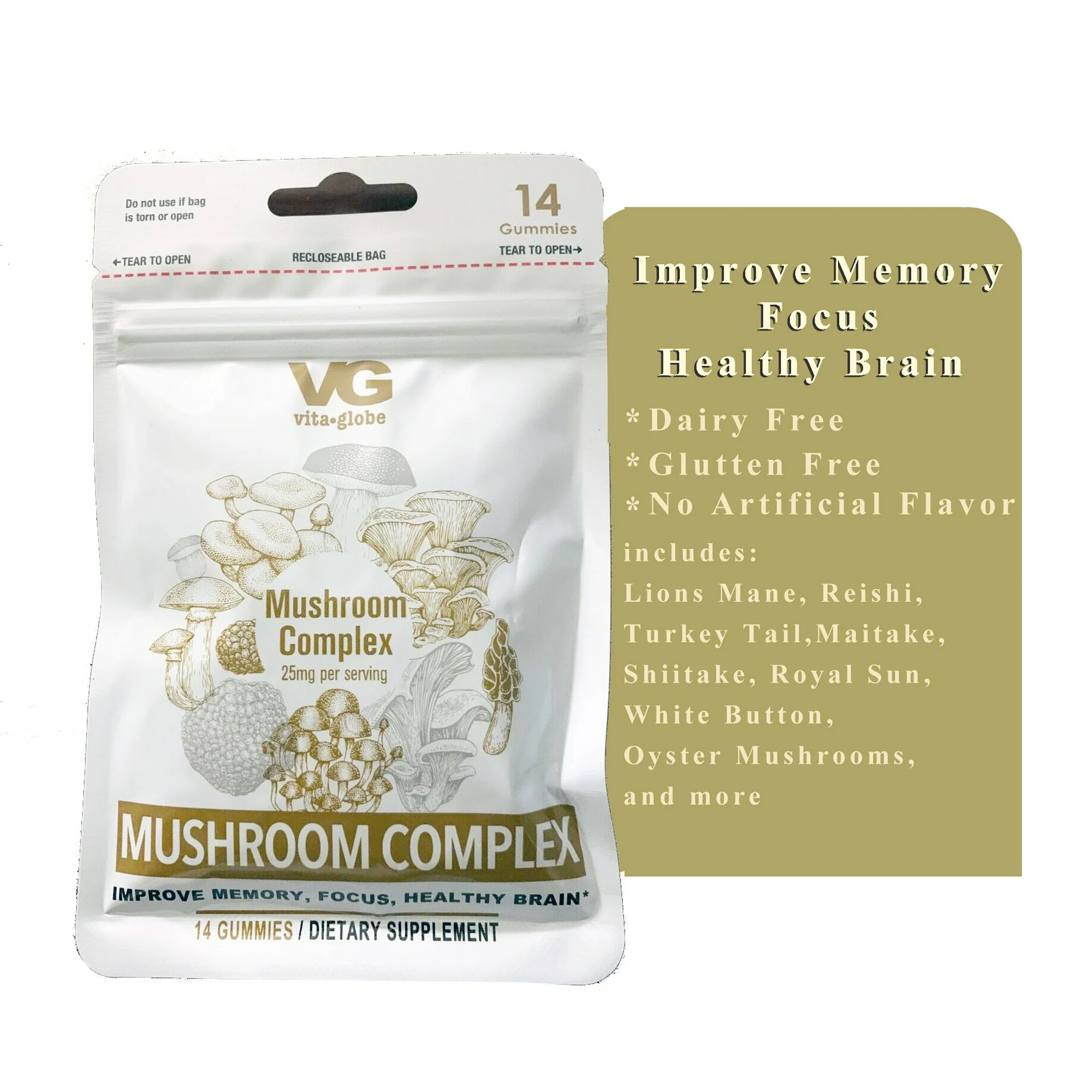 VG Mushroom Complex 25mg per serving 14 gummies pack Improve Memory, Focus Healthy Brain Vita Globe