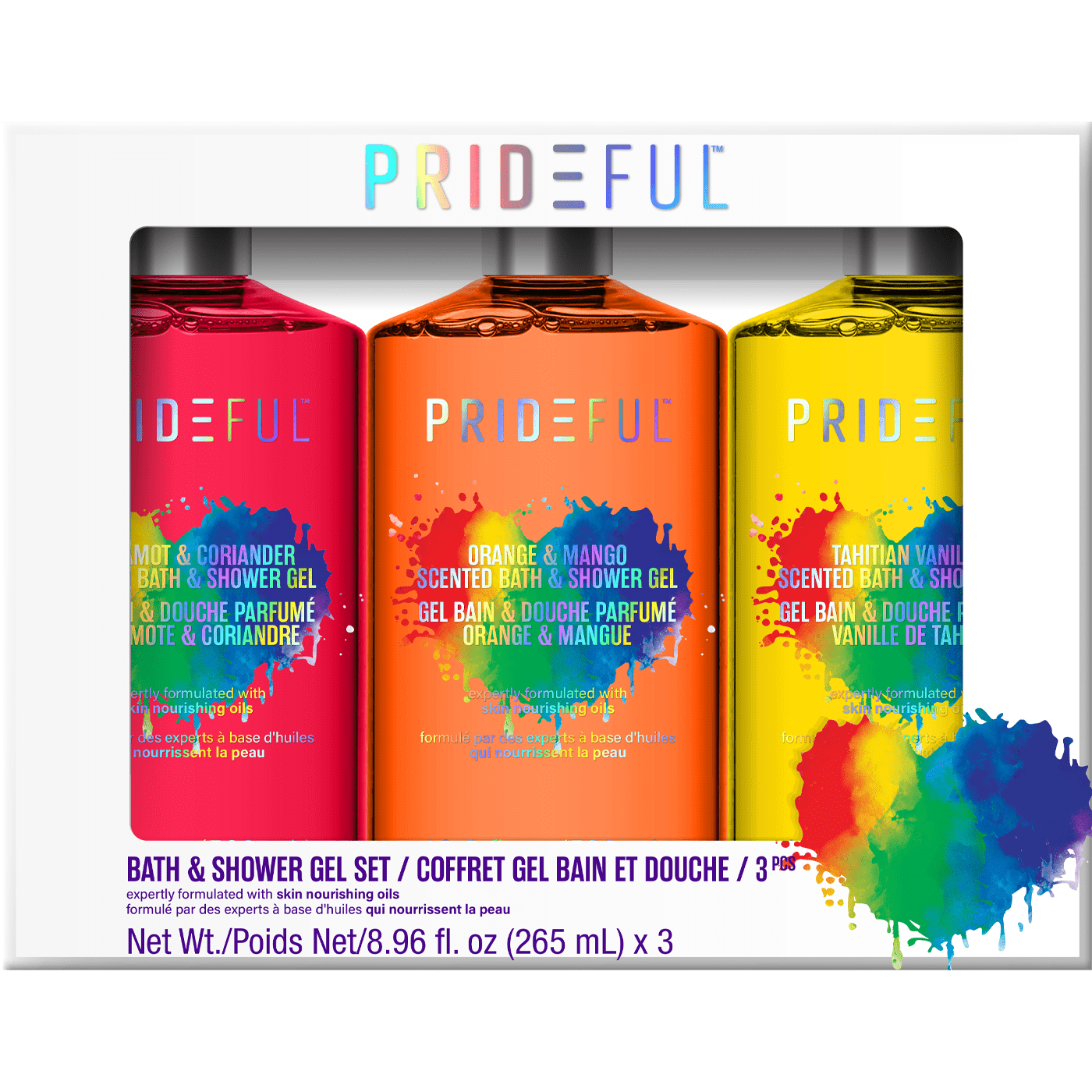 Prideful Scented Bath & Shower Gel Set, Bergamot & Coriander, Orange & Mango, Tahitian Vanilla, 8.96 fl oz, 3 Piece