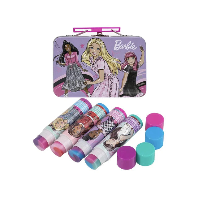 Barbie Townley Girl Plant Based 4 Pk Swirl Lip Balm with Tin Case Makeup Cosmetic Set for Kids and Girls