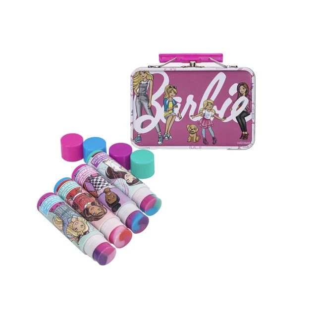 Barbie Townley Girl Plant Based 4 Pk Swirl Lip Balm with Tin Case Makeup Cosmetic Set for Kids and Girls