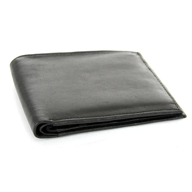 Men's Double Bill Bifold 6 Credit Card 2 ID Window Leather Black Wallet 3.5 x 4.5 inches