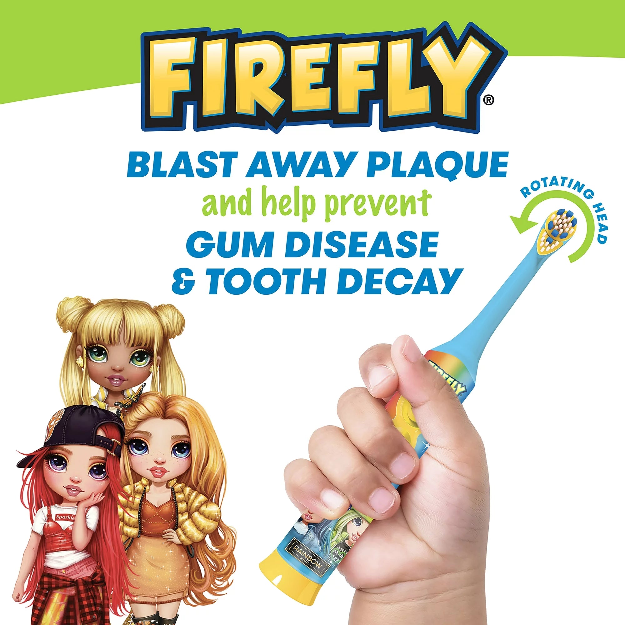 Firefly Clean N' Protect, Rainbow High Toothbrush with Antibacterial Character Cover, Soft Bristles, Anti-slip Grip Handle, Battery Included, Ages 3+, 1 Count