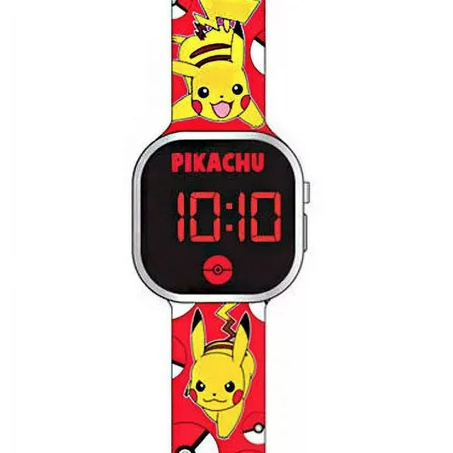 PokÃ©mon Unisex Childrens LED Watch Metallic Silver Bezel Silicone Strap