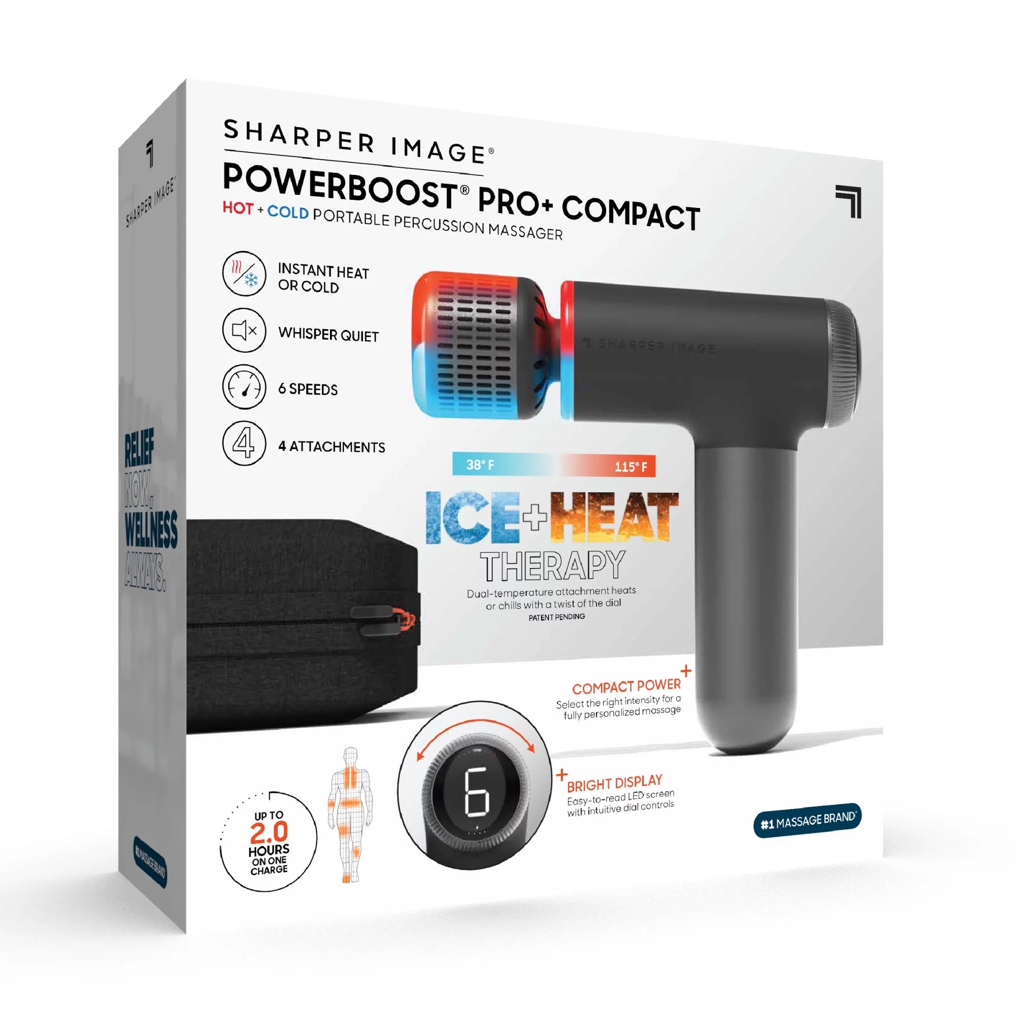 Sharper ImageÂ® PowerboostÂ® Pro+ Compact Hot & Cold Percussion Massager with Dual-Temperature Hot + Cold Massage Node, 6 Speed Settings, 4 Unique Attachments, Portable Design with Carrying Case