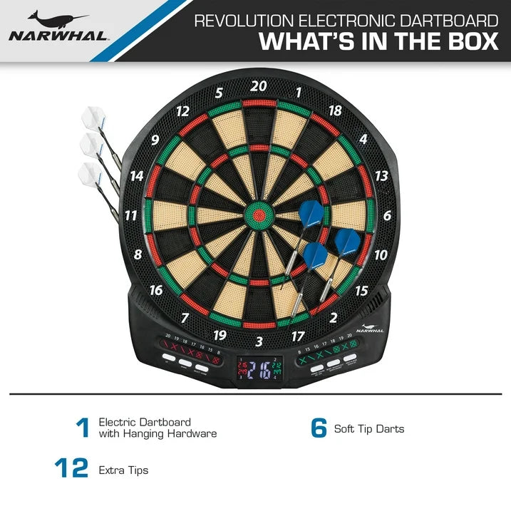 Narwhal Revolution Electronic Dartboard for Recreational Play, Six Dart Set