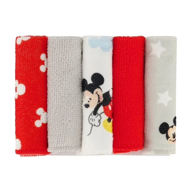 Disney Baby Mickey Mouse Hooded Towel with 5 Piece Washcloth Set, Happy Face Print