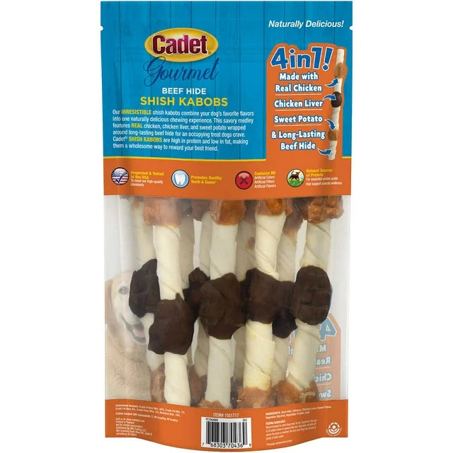 Cadet Gourmet X-Large Dog Treats, Beef Hide Shish Kabobs, 10 Count