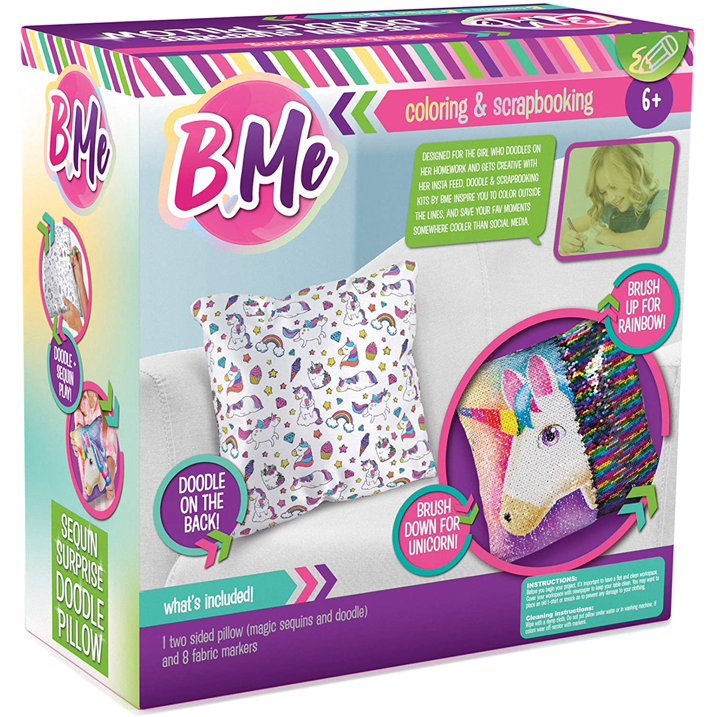 Creative Kids Sequin Unicorn Pillow- Reversible Double Sided Rainbow Doodle Sequined Pillows - Bedroom Decor Art - Creative Magic Glitter Pillow with 8 Markers - Perfect Birthday Girl Gift Age 6+