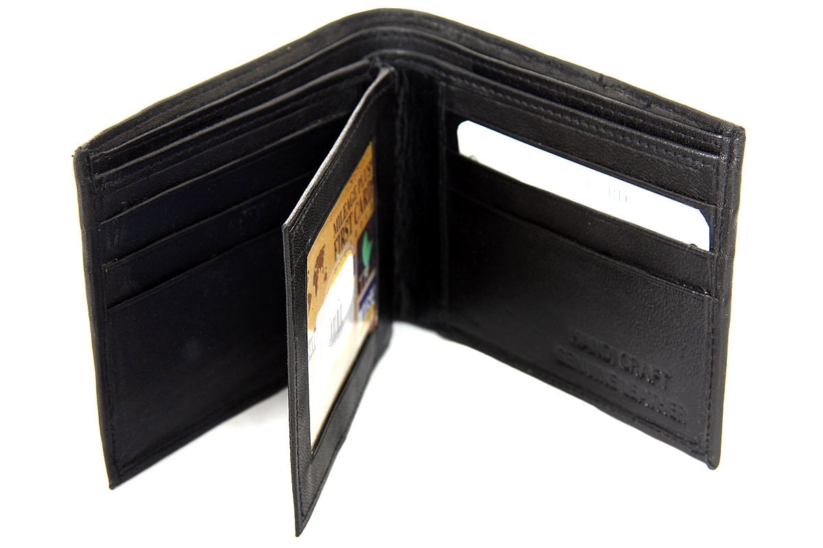 Men's Double Bill Bifold 6 Credit Card 2 ID Window Leather Black Wallet 3.5 x 4.5 inches