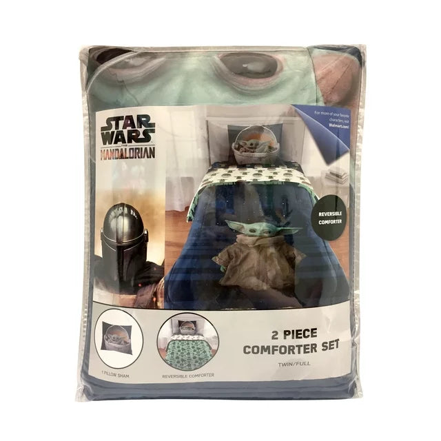 The Mandalorian Baby Yoda Kids 2-Piece Twin/Full Comforter Set, Reversible, Microfiber, Star Wars