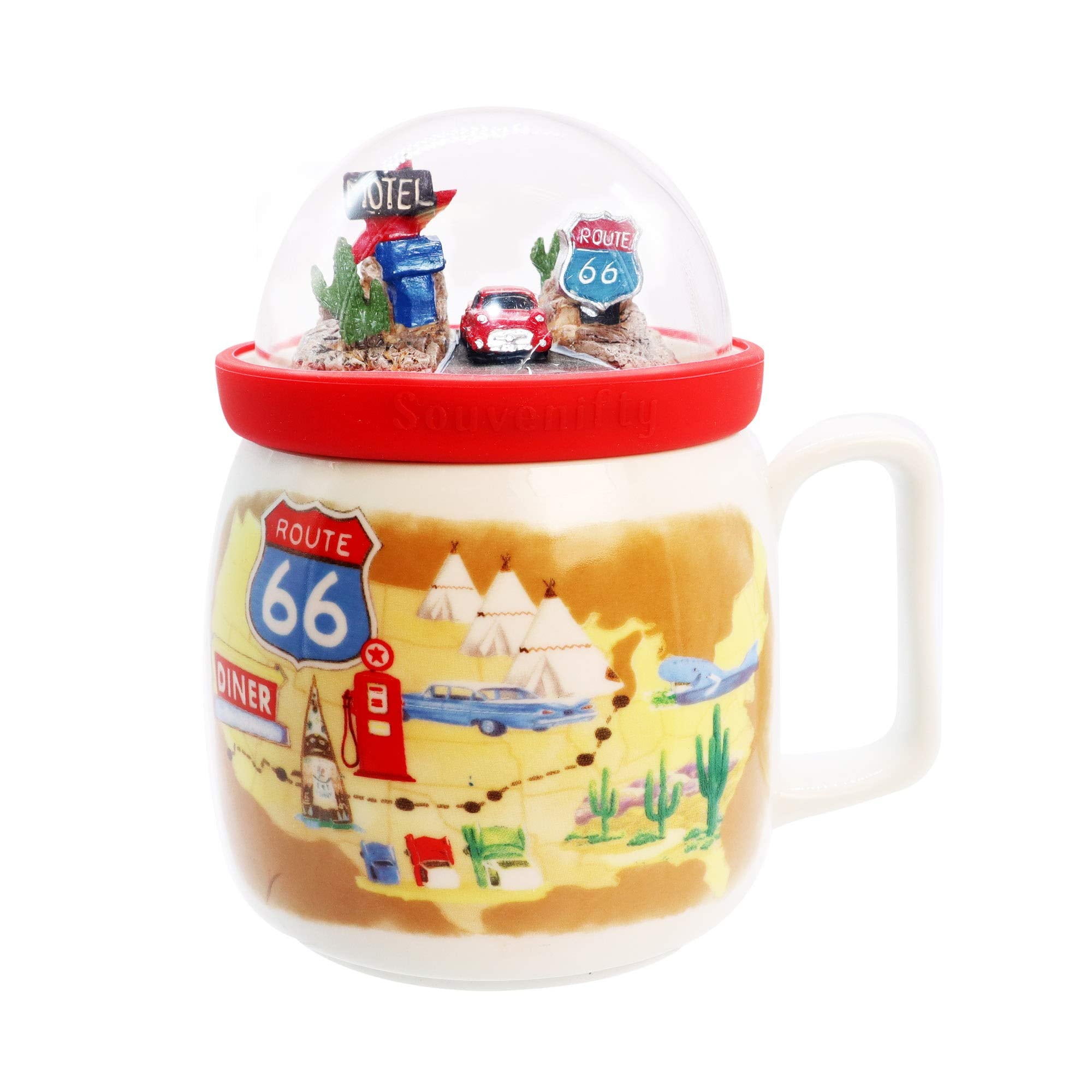 Bewaltz Novelty Globe Mug - Original Ceramic Coffee Tea Mug with beautifully made 3D miniature globe lid, 15 oz, Great for hot or cold drinks, Party Gifts, Birthday Gifts, Novelty (Route 66)