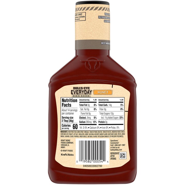 Bull's-Eye Everyday Honey BBQ Sauce, 17.5 oz Bottle