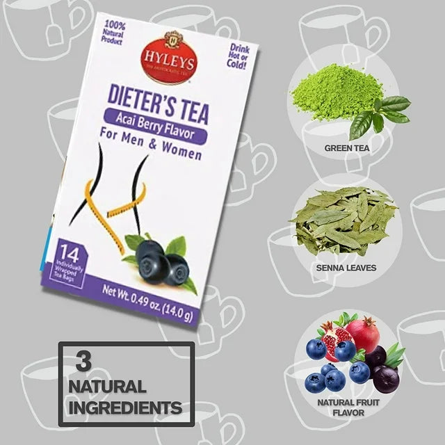 Hyleys Weight Loss Tea - Green Tea with Senna Leaf - Acai Berry Flavor - 14 Tea Bags - Dieter's Slimming Collection