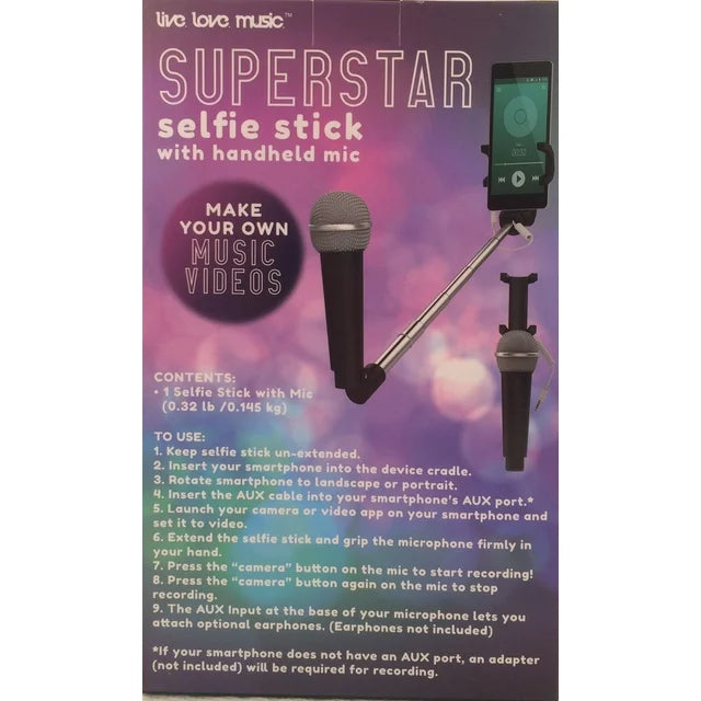 Live. Love . Music Superstar Selfie Stick With Handheld Mic