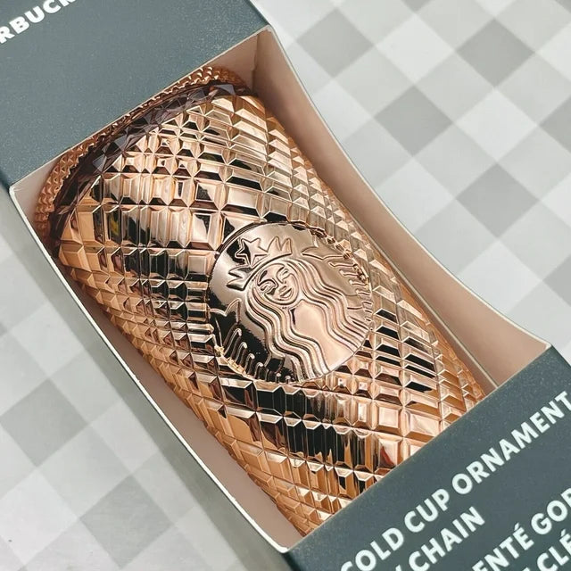 Starbucks 2023 Rose Gold Metallic Mirror Mini Grid  Holiday Cold Cup Ornament Keychain box in wrinkled shape