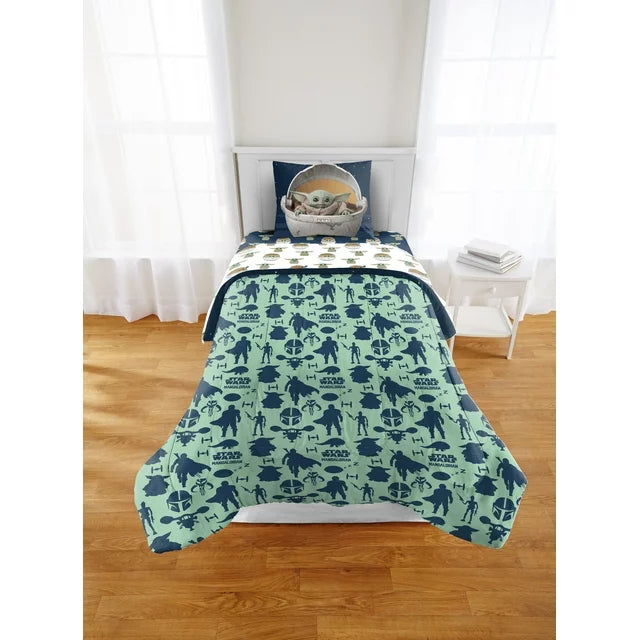 The Mandalorian Baby Yoda Kids 2-Piece Twin/Full Comforter Set, Reversible, Microfiber, Star Wars